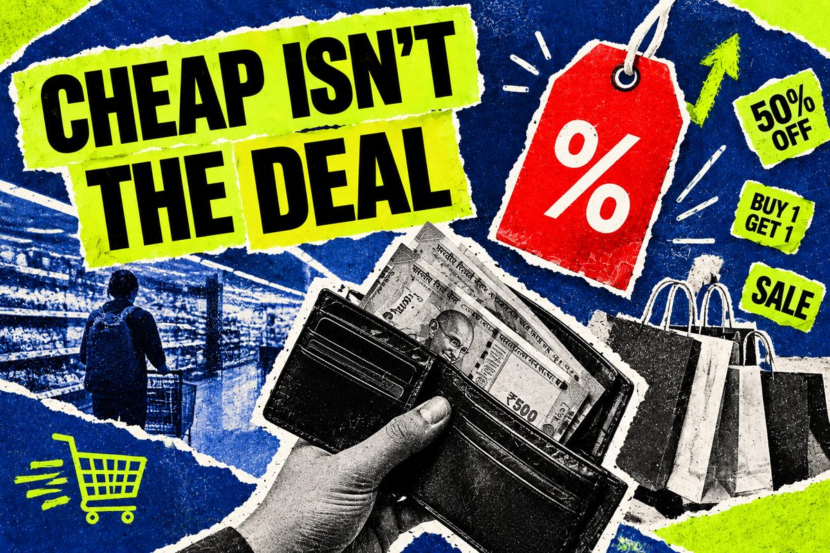 A price tag with a rupee symbol, illustrating discounts and value