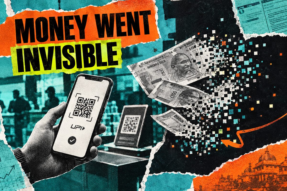A QR code and rupee symbol, illustrating digital payments