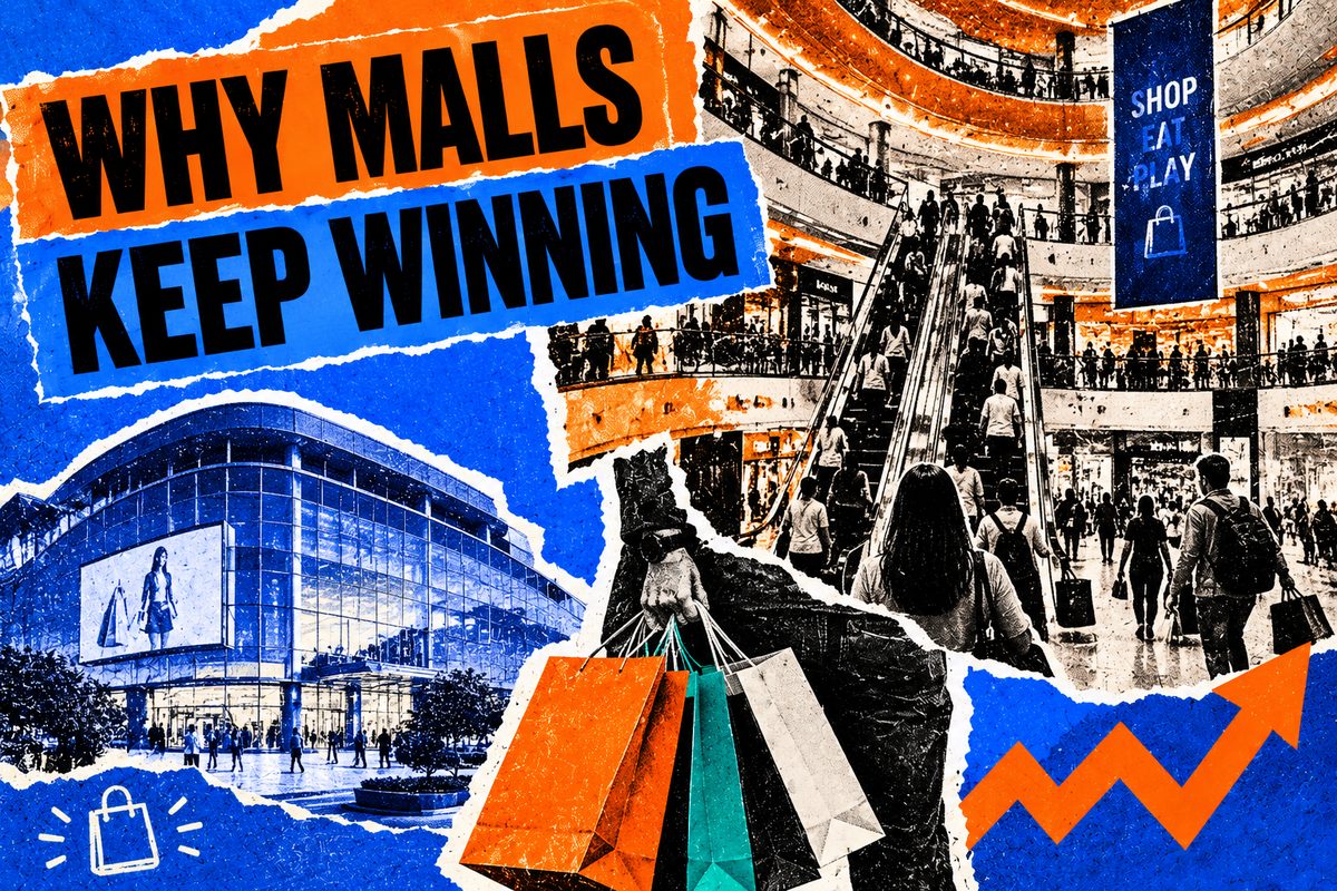 A shopping mall building, illustrating physical retail